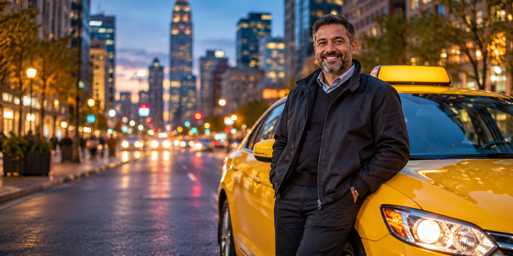 Operador profesional de taxi junto a un taxi amarillo en la ciudad